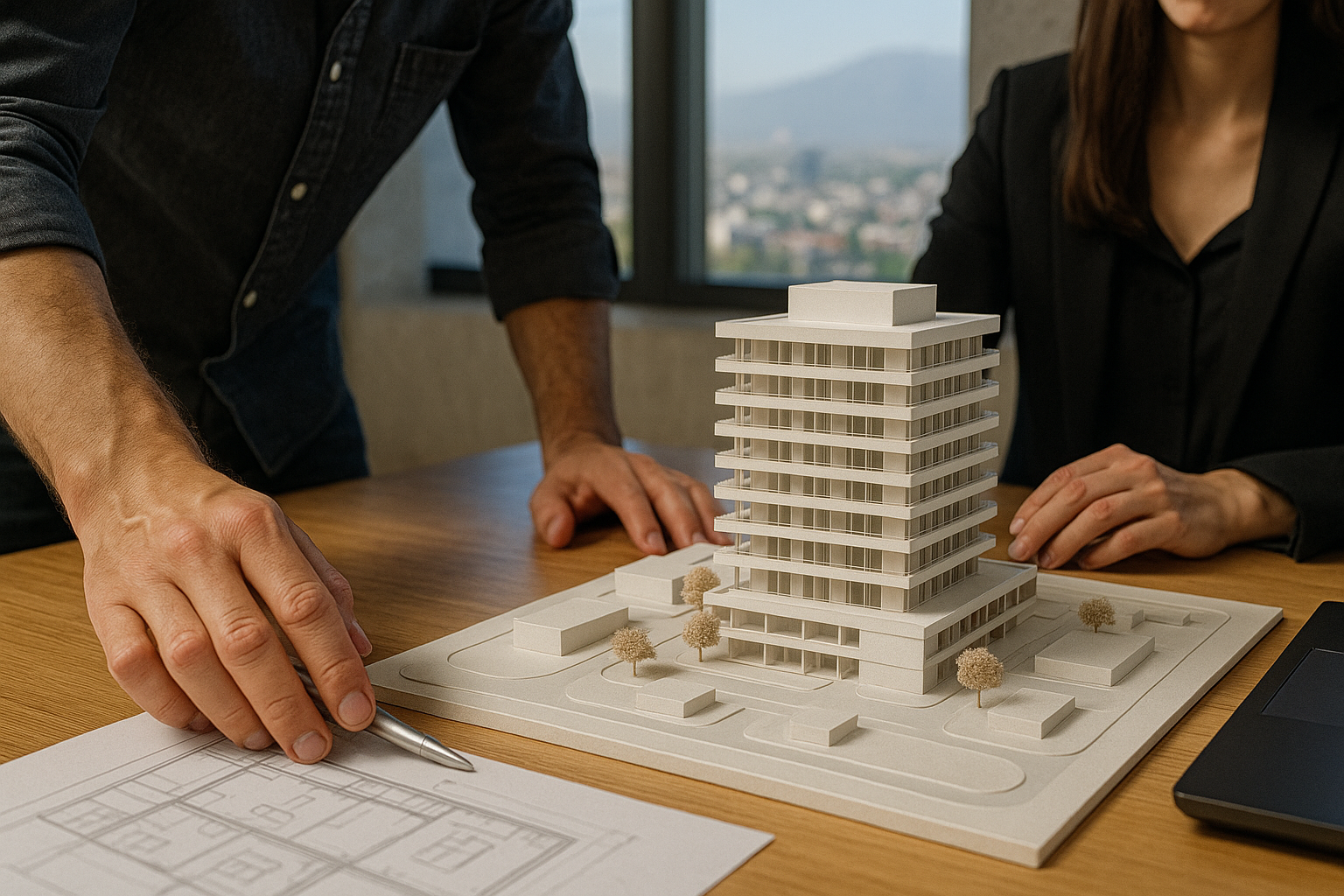 Hands working on architectural building model
